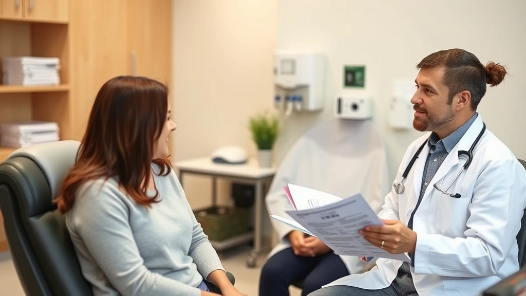 Healthcare provider in white coat consulting with patient in clinic examining room, showing medical charts and insurance information with professional care