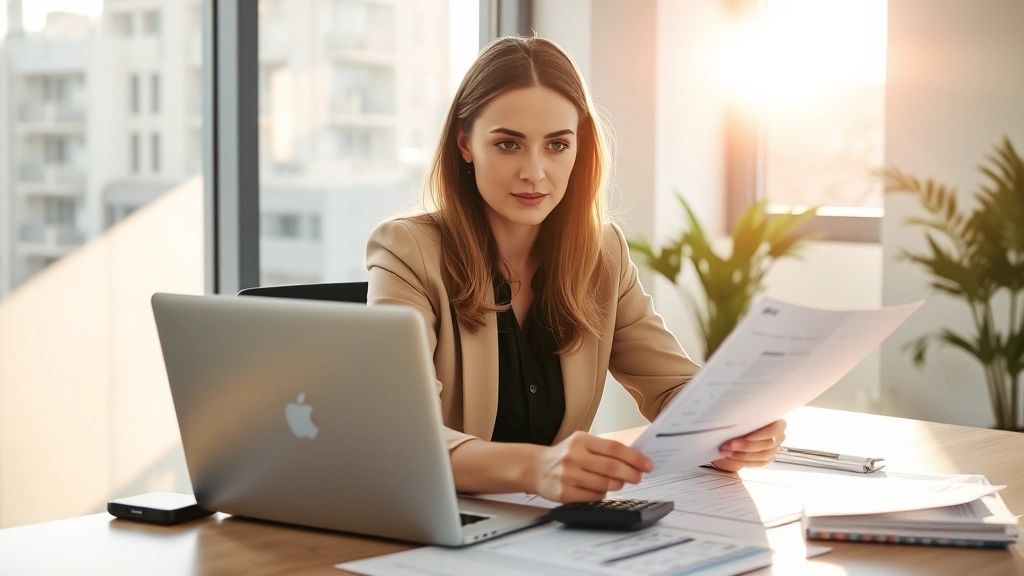 Professional woman reviewing financial documents at modern desk with laptop, organized papers, and calculator, morning sunlight streaming through window, confident focused expression