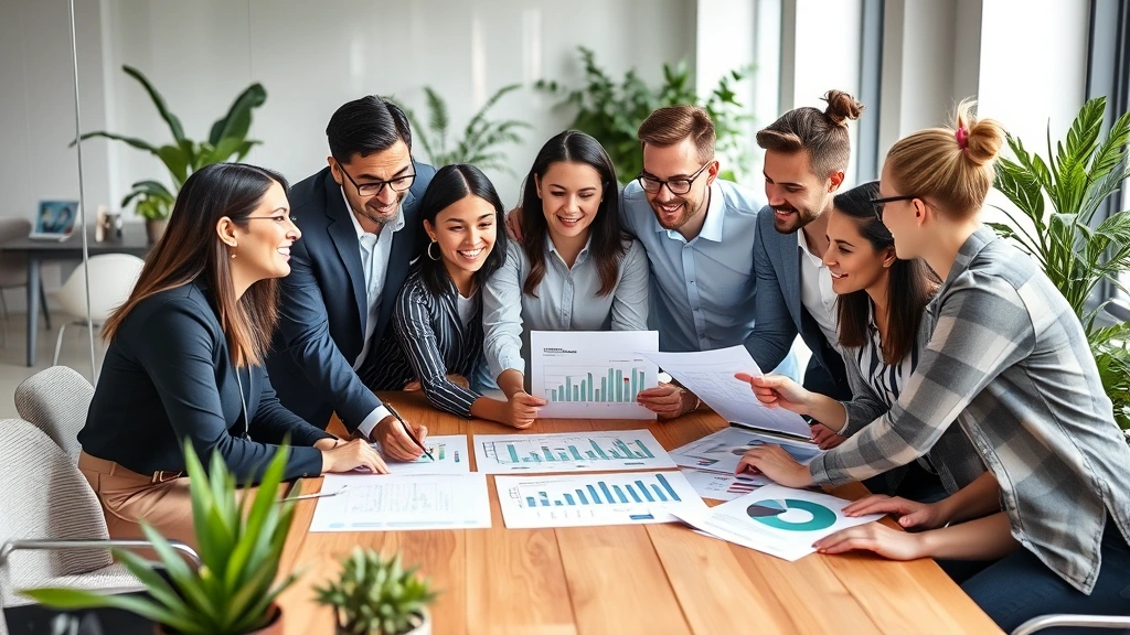 Diverse group of people in business casual attire collaborating around table with growth charts and financial reports, positive engaged expressions, modern office environment with plants