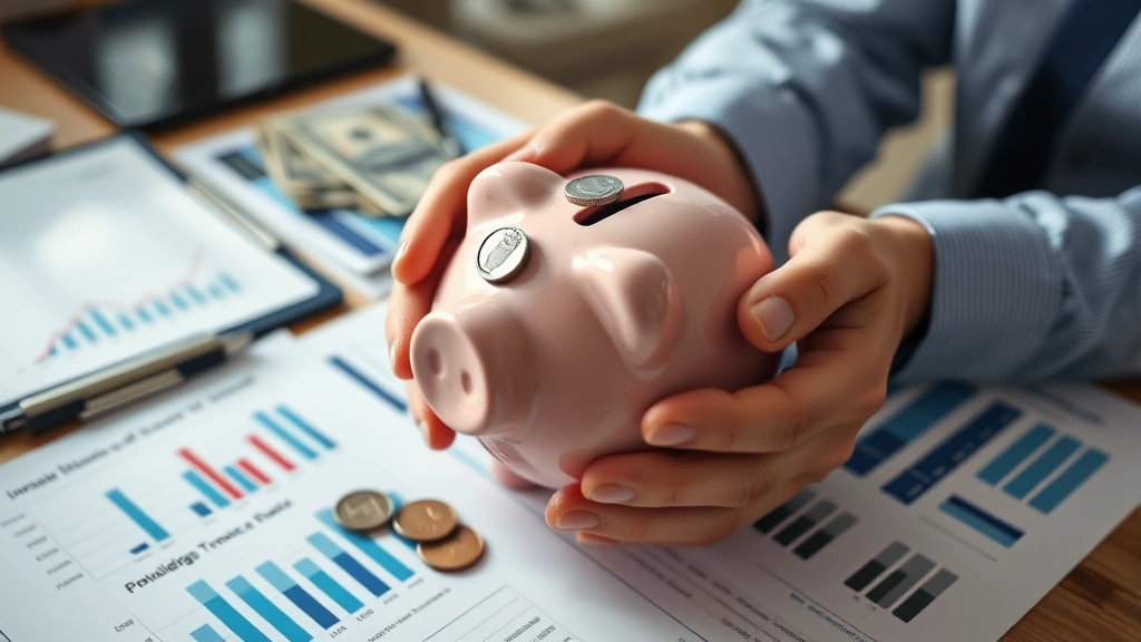 Close-up of hands holding piggy bank with coins and dollar bills on desk, surrounded by investment documents and savings tracker, warm natural lighting emphasizing financial security