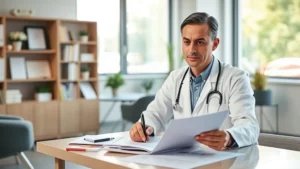 Professional healthcare worker in modern community health center clinic setting, wearing white coat, reviewing patient charts and financial planning documents on desk, natural lighting through windows, modern medical office environment, serious focused expression