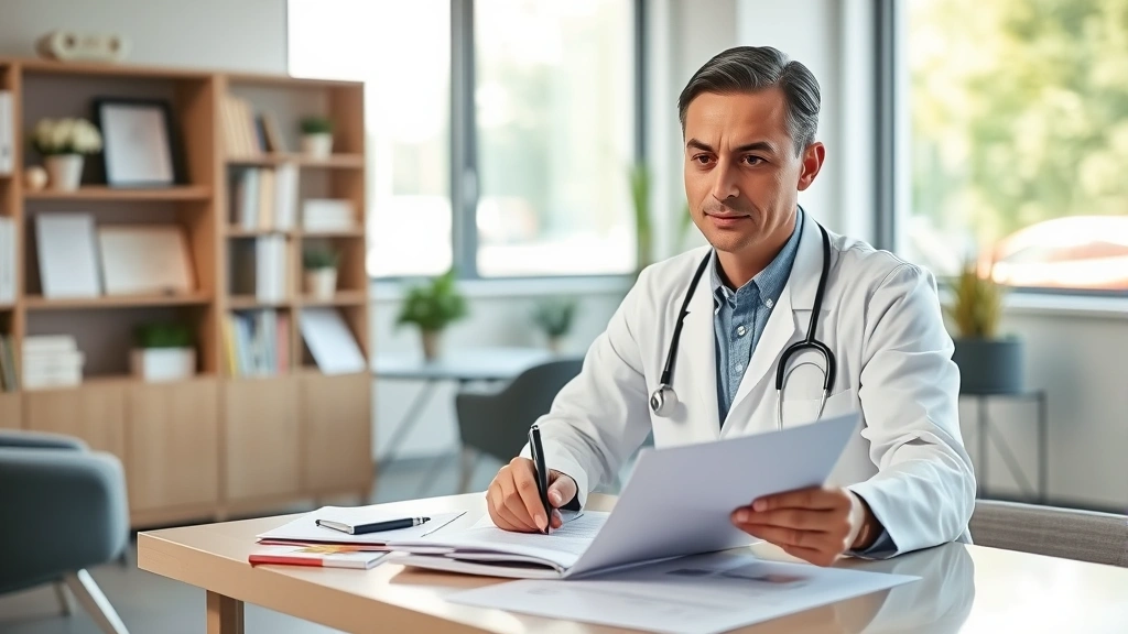 Professional healthcare worker in modern community health center clinic setting, wearing white coat, reviewing patient charts and financial planning documents on desk, natural lighting through windows, modern medical office environment, serious focused expression