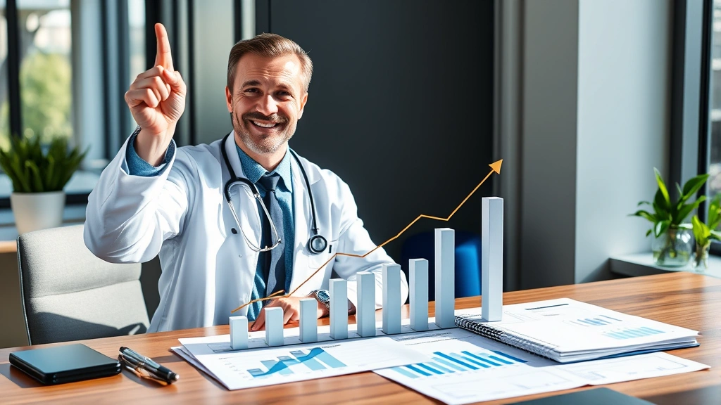 Healthcare professional celebrating financial milestone with growth charts and investment portfolio documents on desk, modern office setting, daylight, showing achievement and success in wealth building journey