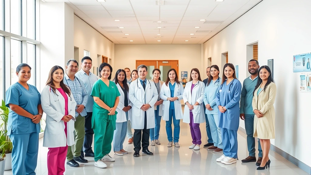 Diverse team of healthcare professionals in community health center lobby, modern clinic interior, natural lighting, collaborative atmosphere showing career advancement and professional growth opportunities in healthcare sector