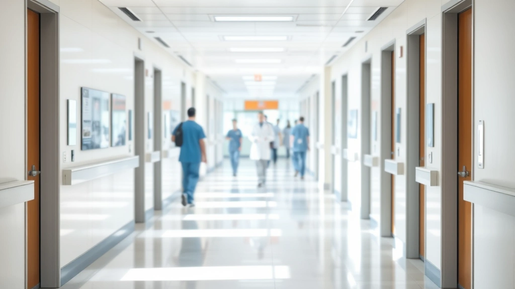 Modern hospital corridor with natural lighting, clean contemporary design, healthcare professionals in background blur, professional medical environment, welcoming atmosphere, no signage or text visible