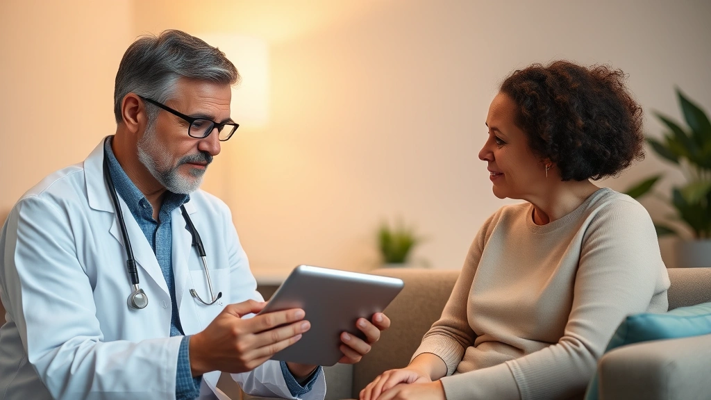 Doctor in white coat reviewing digital tablet with patient in comfortable clinical setting, warm lighting, focused consultation moment, trust and expertise conveyed through body language and environment