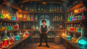 A player character standing in a cozy alchemist's laboratory surrounded by glowing glass bottles containing vibrant colored potions, wooden shelves lined with alchemy ingredients, candlelight reflecting off potion vials, medieval fantasy setting, warm atmospheric lighting