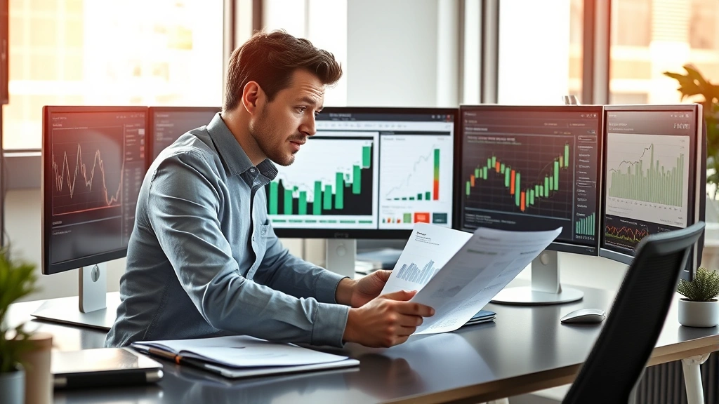 Professional investor reviewing financial documents and charts at modern desk with multiple monitors, natural lighting, focused expression, contemporary office setting