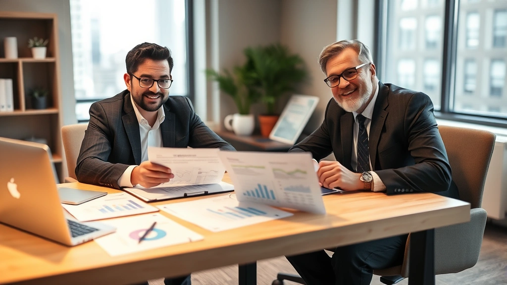 Professional financial advisor reviewing investment portfolio with client at modern office desk, warm lighting, charts and documents visible, confident expressions, diverse professionals