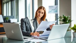 Professional woman in business attire reviewing financial documents and growth charts at modern desk with laptop, confident expression, natural office lighting, wealth and success theme