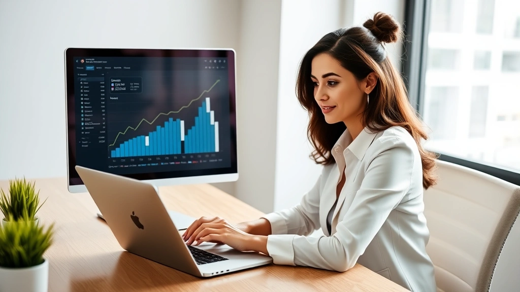 Professional woman reviewing investment portfolio on laptop at modern desk, financial charts and growth graphs visible on screen, natural lighting from window, confident expression, wealth management setting