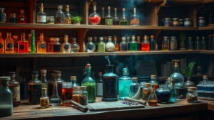 Alchemist workbench with glass bottles containing colorful potions, herbs and ingredients arranged neatly on wooden shelves, warm laboratory lighting, photorealistic fantasy setting, no text or labels visible