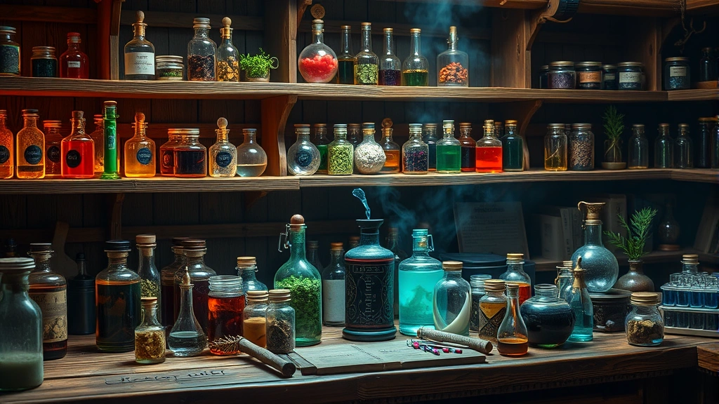 Alchemist workbench with glass bottles containing colorful potions, herbs and ingredients arranged neatly on wooden shelves, warm laboratory lighting, photorealistic fantasy setting, no text or labels visible