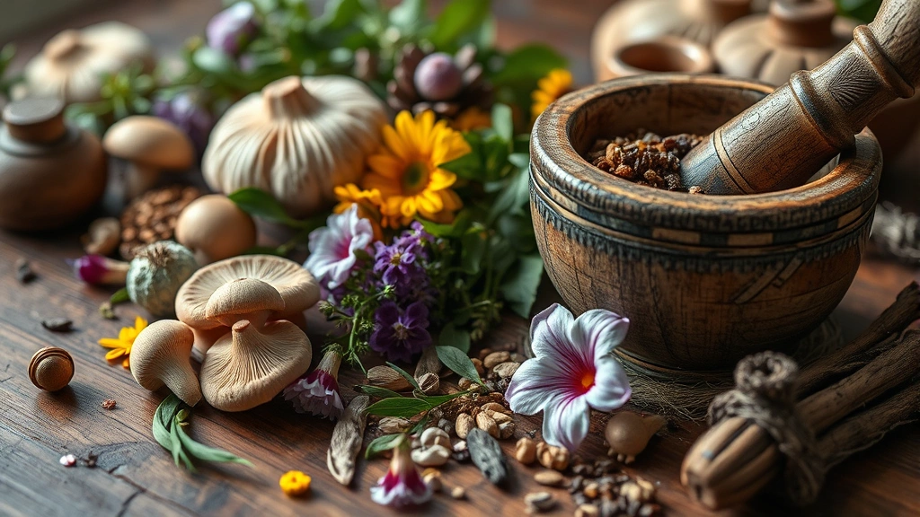 A detailed close-up of various fantasy alchemy ingredients arranged on a wooden table including mushrooms, flowers, and herbs with a mortar and pestle, soft natural lighting, rich earthy colors, botanical elements in focus