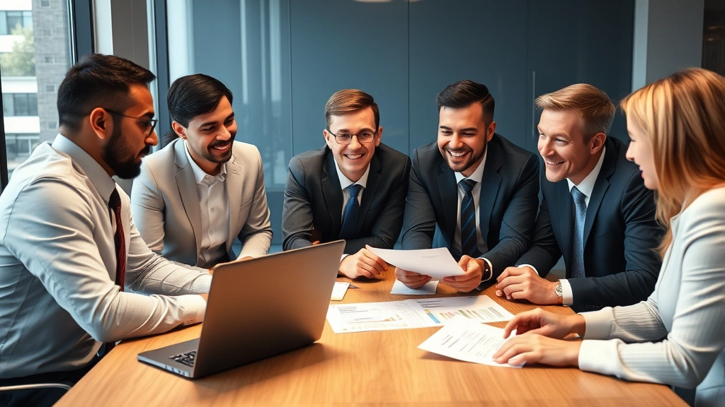 Diverse group of professionals in business attire discussing investment strategy around conference table with laptop and financial documents visible, collaborative atmosphere