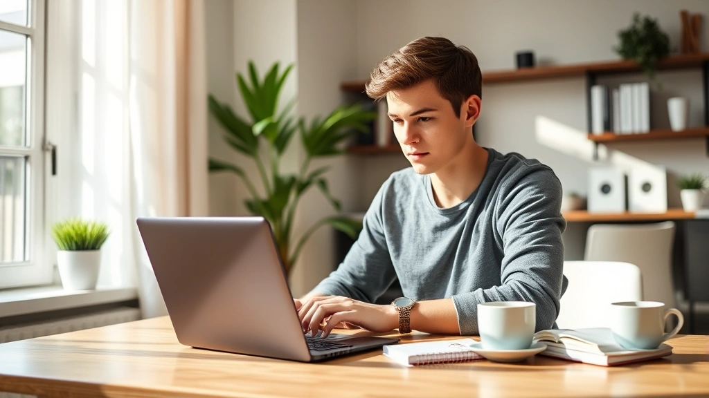 Young professional working on laptop at home office with notebook and coffee, sunlit workspace, focused expression, wealth-building planning visible, contemporary interior design