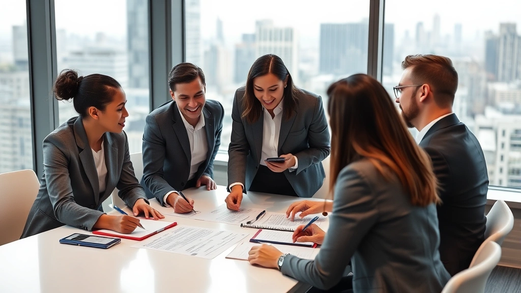 Diverse group of professionals in business casual attire having strategic financial planning meeting around conference table with notebooks and pens, collaborative energy, modern office environment with city skyline view