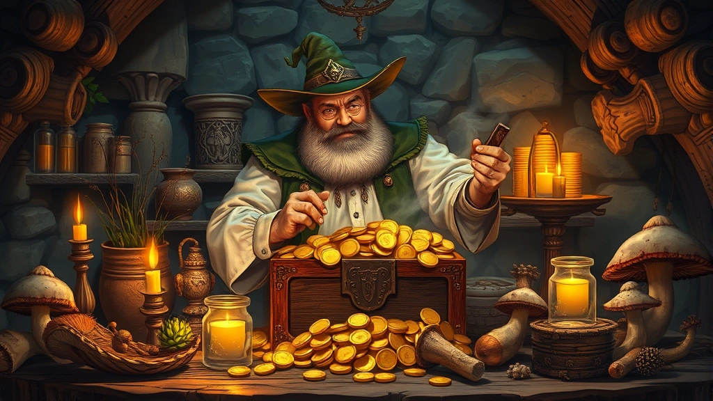 Wealthy fantasy alchemist counting gold coins in treasure chest surrounded by premium ingredients and rare mushrooms, candlelit stone chamber, photorealistic rich textures, no visible text or numbers