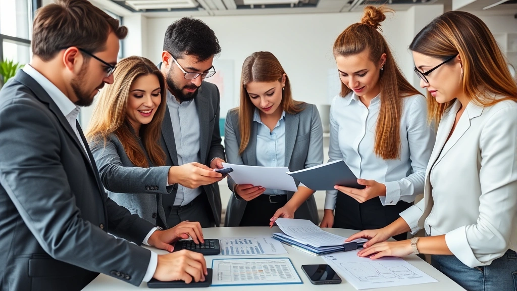 Diverse group of professionals in casual business clothes collaborating over financial planning documents and calculators, discussing investment strategy, modern office environment, collaborative energy