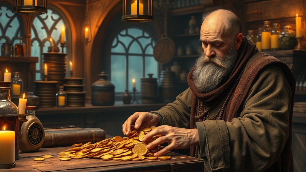 A wealthy merchant or alchemist counting gold coins at a wooden counter with stacked potions in the background, medieval fantasy shop interior, warm candlelit ambiance, prosperity and success theme