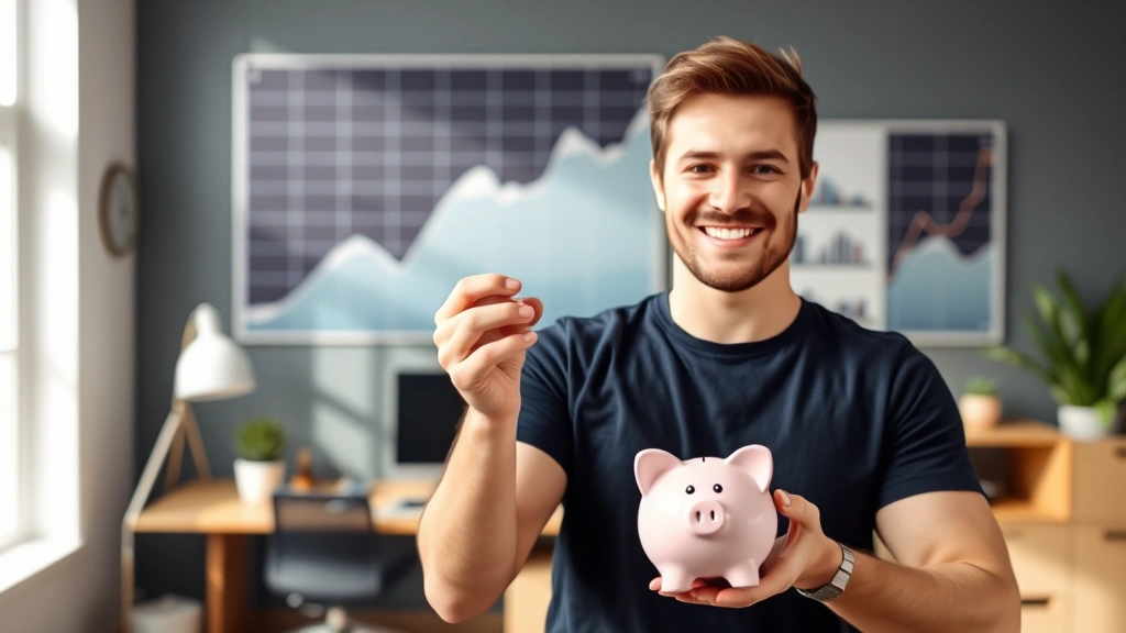 Confident individual holding piggy bank with growth chart visualization in background, modern minimalist home office, natural daylight, wealth accumulation concept