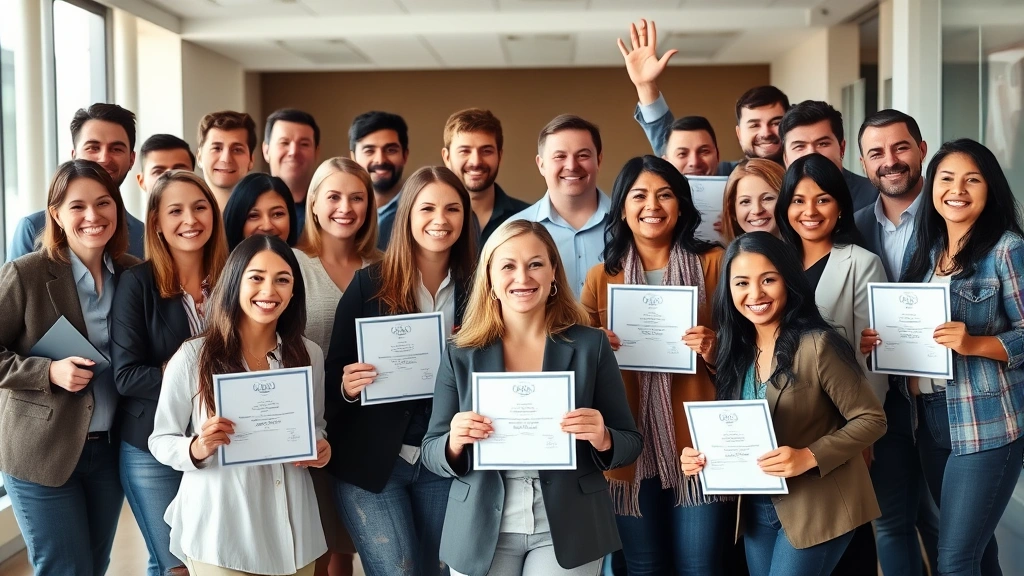 Diverse group of people celebrating financial milestone, holding certificates or achievement symbols, bright natural lighting, genuine smiles, professional casual attire, modern background