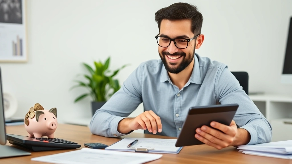 Man tracking financial progress with calculator and documents on desk, piggy bank filled with coins in background, satisfied expression, organized home office with plant, success mindset visualization