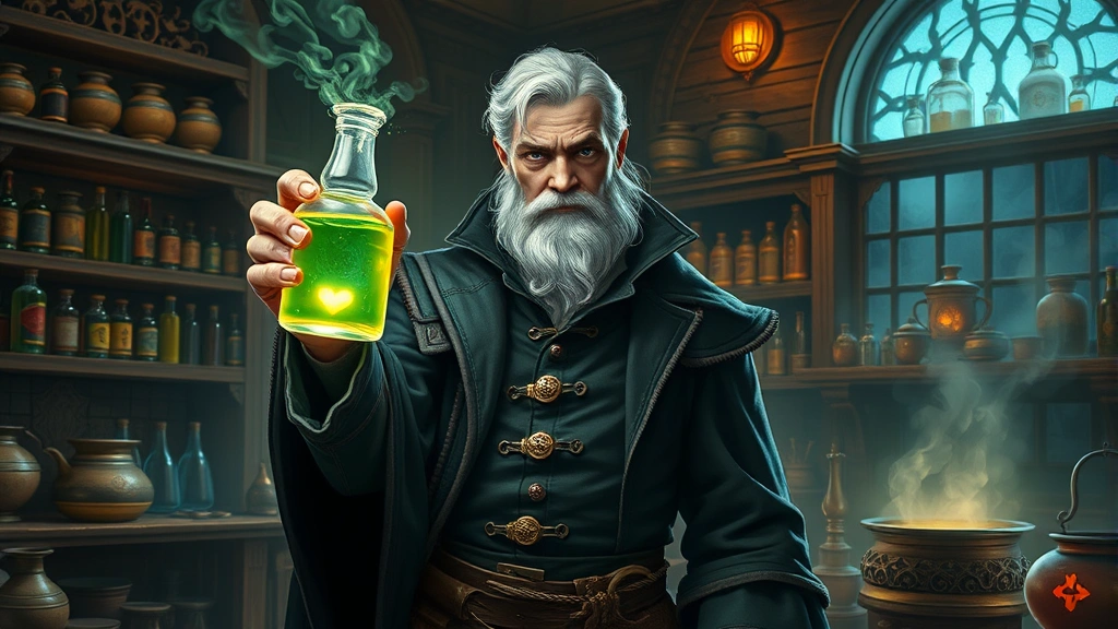 Master alchemist character holding glowing health potion vial with mystical aura, standing in elaborate potion laboratory with bubbling cauldrons and shelves of ingredients, dramatic fantasy lighting, photorealistic detail
