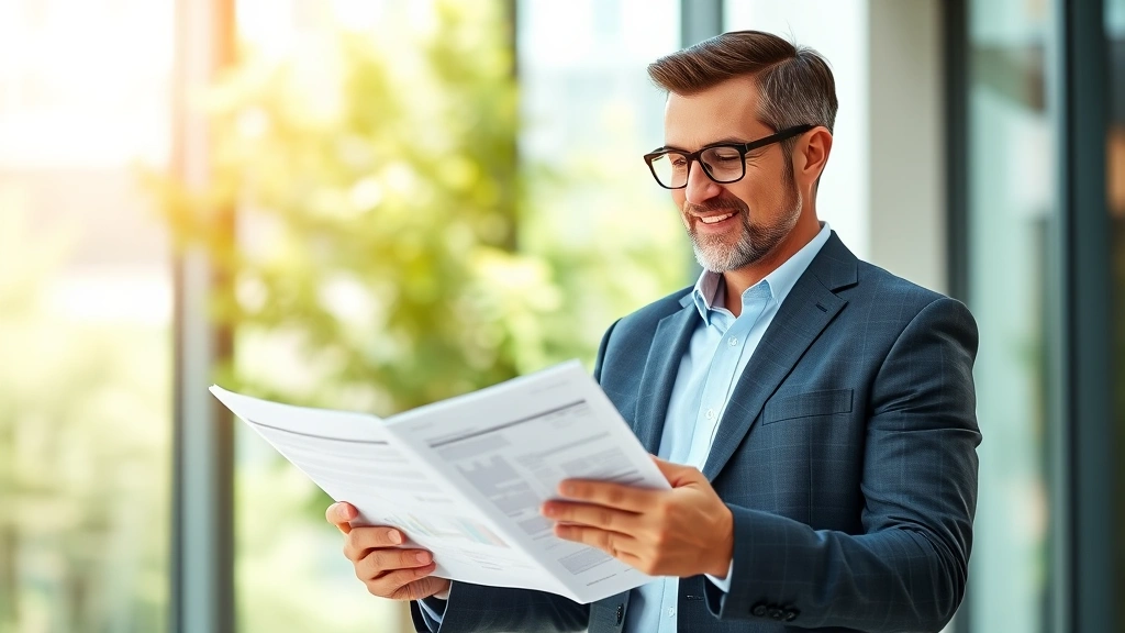 Successful entrepreneur reviewing real estate property portfolio and investment statements, holding documents with satisfaction, natural sunlight, professional yet approachable demeanor
