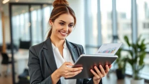 Professional woman in business attire reviewing health metrics on tablet in modern office setting, confident expression, wellness focused