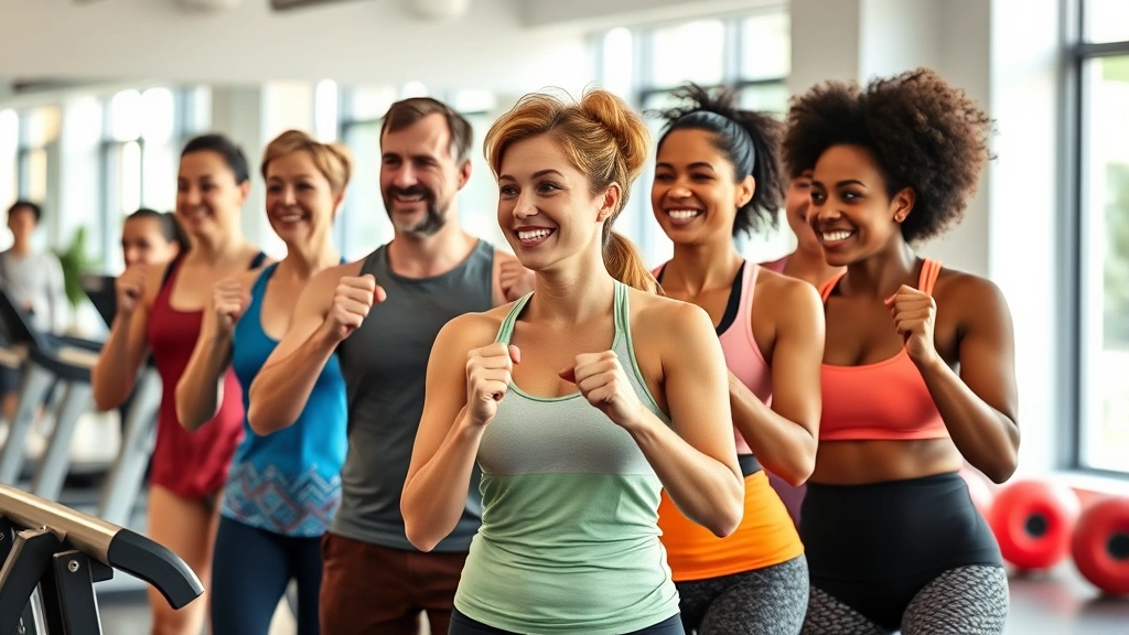 Diverse group of people exercising together in bright gym environment, smiling, energetic, health commitment visible