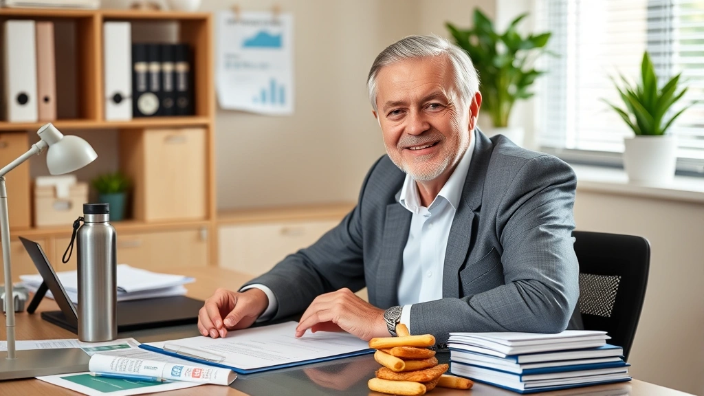 Mature professional at desk with financial documents and wellness items like water bottle and healthy snacks, balanced lifestyle representation