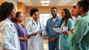 Diverse healthcare professionals collaborating in modern community health center clinic environment with patients receiving care in background, warm professional atmosphere, natural lighting