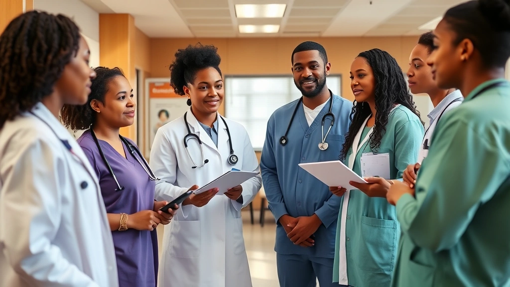 Diverse healthcare professionals collaborating in modern community health center clinic environment with patients receiving care in background, warm professional atmosphere, natural lighting