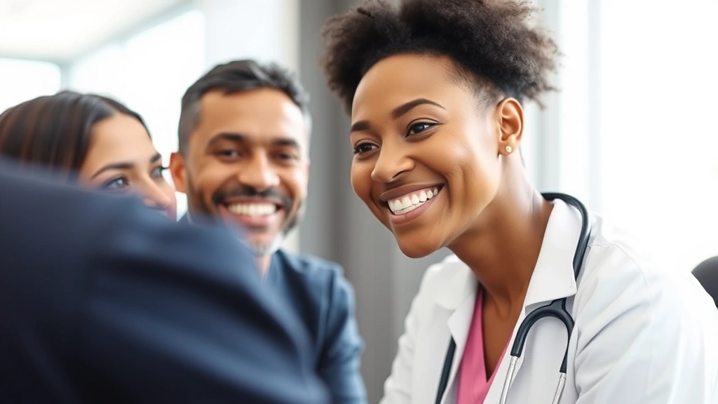 Diverse adult patient smiling during annual checkup with healthcare provider in modern medical clinic, bright natural lighting, stethoscope visible, professional medical environment