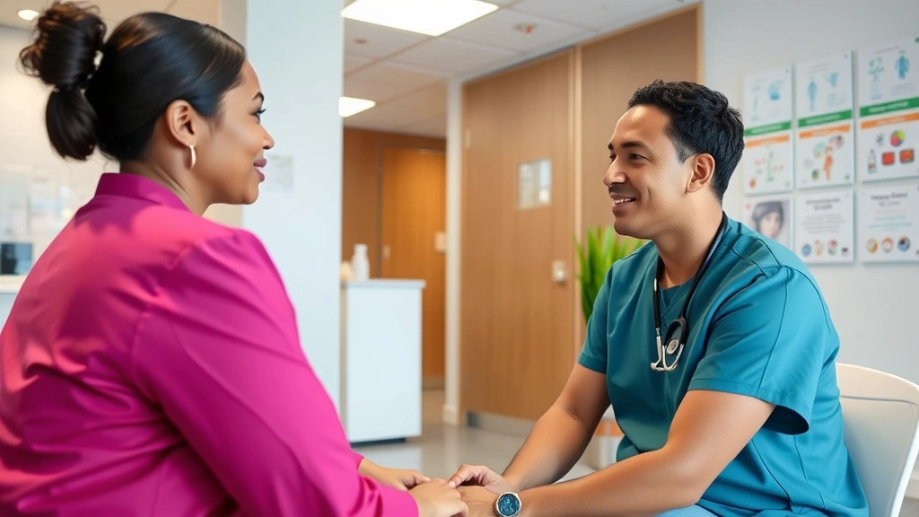 Patient receiving preventive health screening from compassionate healthcare provider in modern clinic setting with educational health materials on walls, clean contemporary medical environment
