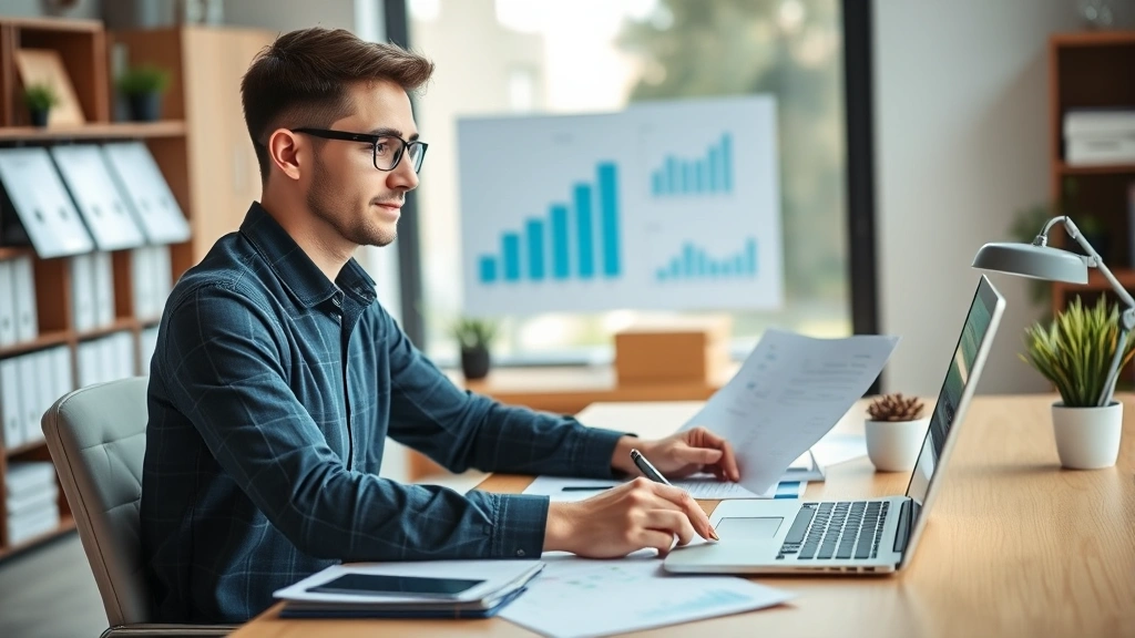 Young professional at desk with laptop and documents, planning financial future, modern office, natural lighting, organized workspace with charts and graphs visible