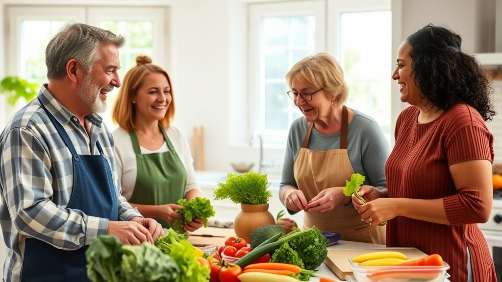 Multi-generational family laughing while preparing fresh vegetables in bright kitchen, wholesome meal preparation scene, natural sunlight through windows, diverse household