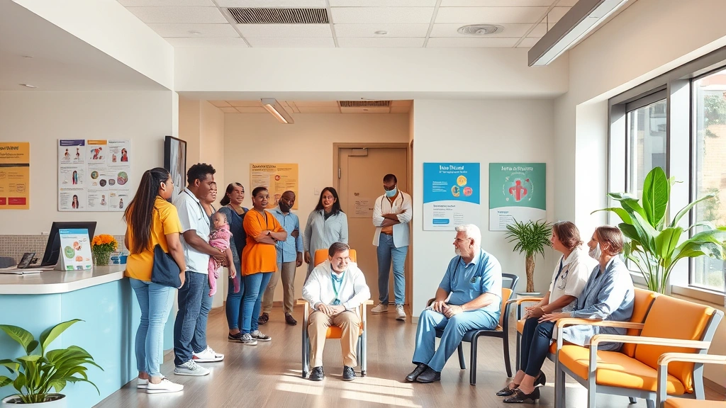 Community health center reception area with diverse staff and patients, inclusive welcoming space with health education posters, modern comfortable waiting area with natural light