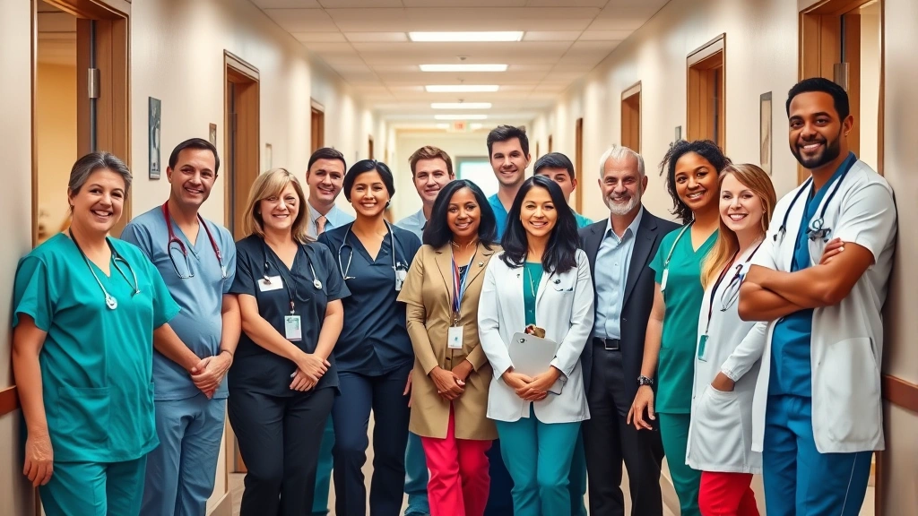Diverse group of healthcare professionals in scrubs and business casual in community health center hallway, collaborative setting, modern facility, warm welcoming atmosphere