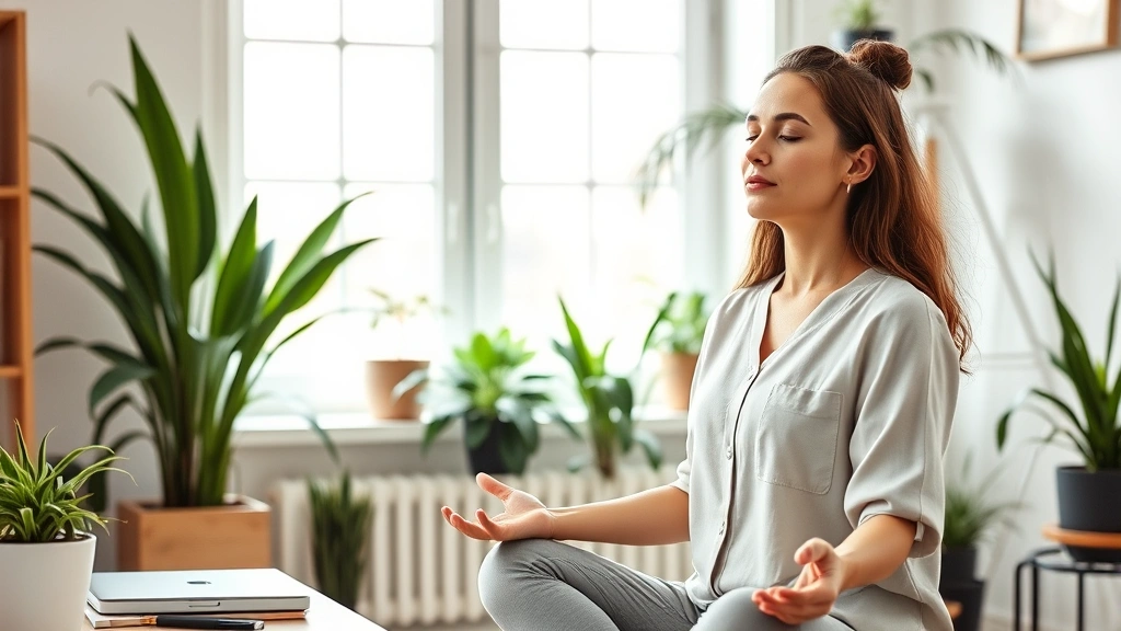 Professional woman meditating peacefully in modern home office with plants, natural window light, calm expression, wellness and mental health focus, contemporary interior