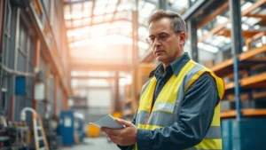 Professional health and safety officer conducting workplace safety inspection in modern industrial facility, checking equipment and taking notes, morning natural light, focused and serious demeanor