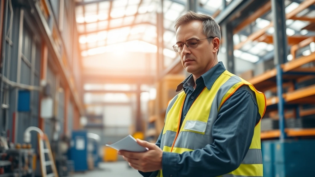 Professional health and safety officer conducting workplace safety inspection in modern industrial facility, checking equipment and taking notes, morning natural light, focused and serious demeanor