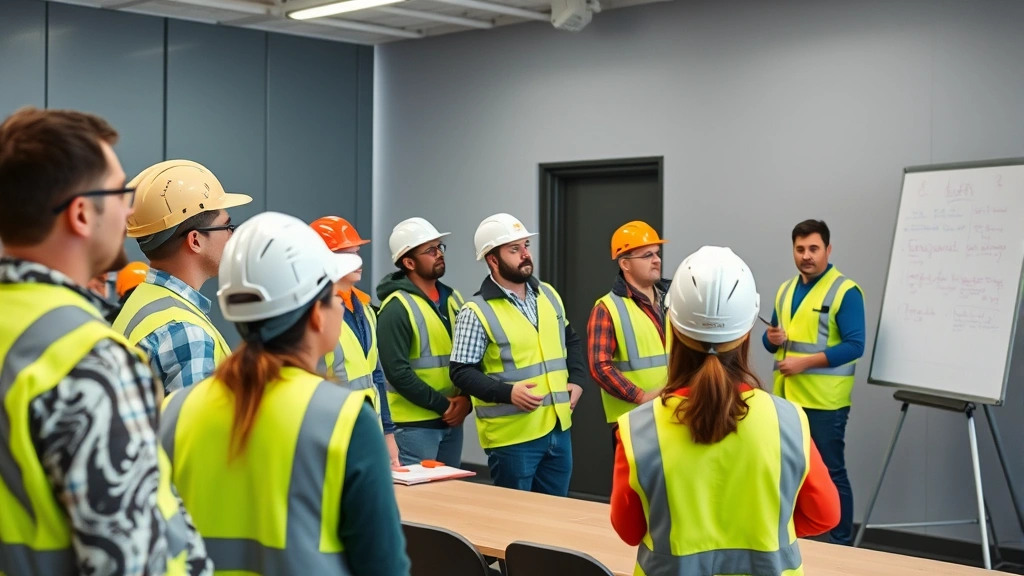 Diverse team of workers in safety equipment attending safety training session in conference room, engaged and attentive, instructor presenting materials on whiteboard, collaborative atmosphere