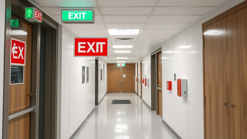 Modern emergency exit and safety signage clearly visible in well-organized workplace corridor, evacuation route marked with green lighting, clean professional environment with safety equipment stations