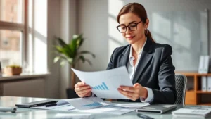 Professional woman in business attire reviewing financial documents and charts on desk, natural lighting, modern office setting, confident expression, wealth management theme