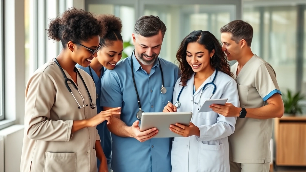 Diverse group of professionals in healthcare uniforms discussing investment portfolio on tablet together, collaborative workspace, positive energy, financial planning discussion