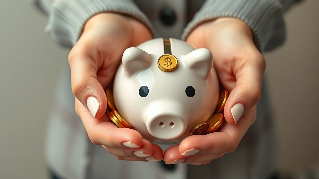 Close-up of hands holding golden coins and piggy bank, neutral background, prosperity and savings concept, photorealistic currency and savings imagery