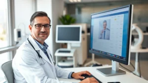 Professional healthcare administrator in white coat using computer workstation displaying patient portal interface, modern clinic office setting with medical equipment, confident and focused expression, natural lighting through office windows