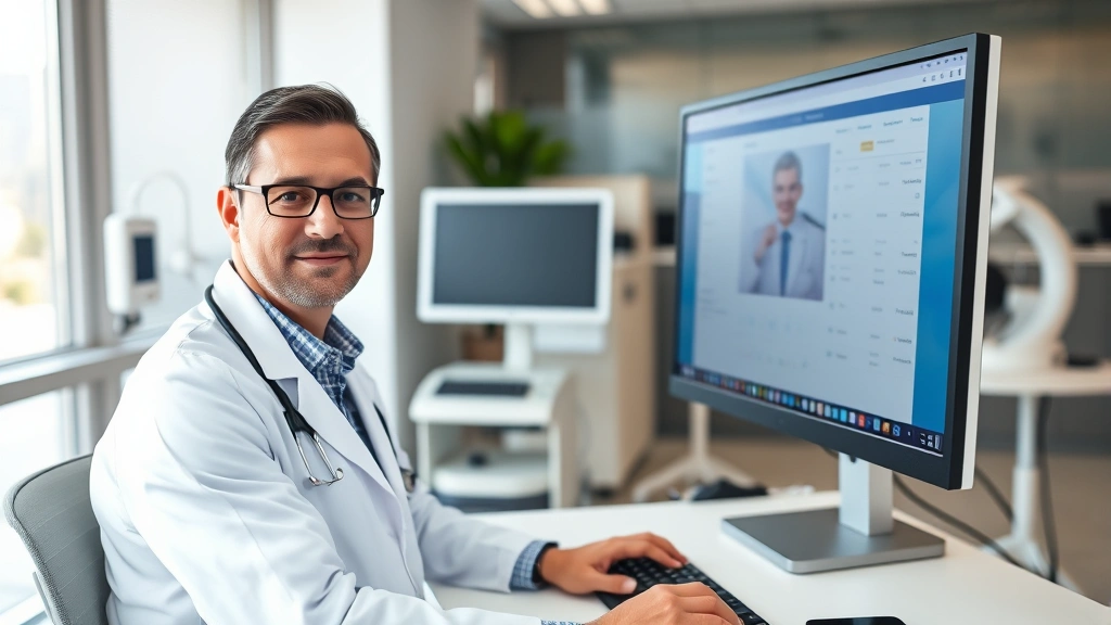 Professional healthcare administrator in white coat using computer workstation displaying patient portal interface, modern clinic office setting with medical equipment, confident and focused expression, natural lighting through office windows